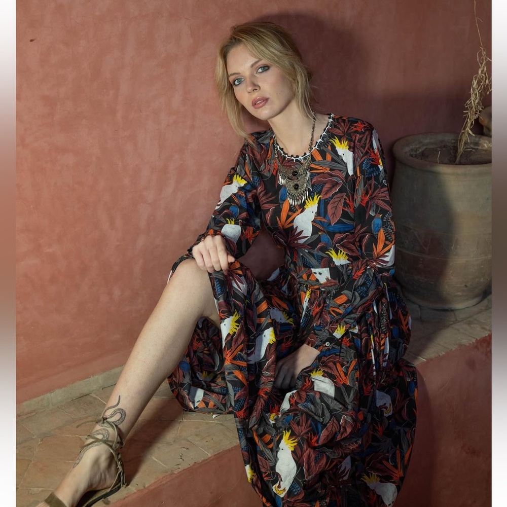 NEW Connor & Blake Lea Printed Cotton Maxi Dress Medium Cockatoo Bird boho - Picture 14 of 15